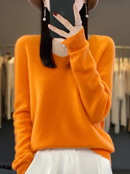 maoxiangshop Pure Wool V-Neck Sweater Women's Short Autumn And Winter All Loose And Thin Pullover Sweater Base Shirt Solid Color Authentic