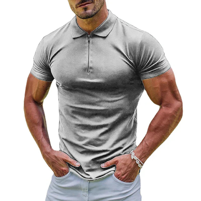 maoxiangshop New Elastic Polos Solid Color Shirt Men's Sports Tshirt Zipper Short Sleeve Slim T-shirt Casual Gym Loose Lapel Basic Tops