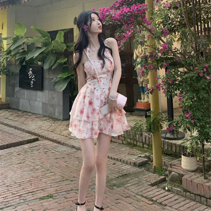 Autumn Sweet Floral Strap Dress Women Sexy Beach Party Korean Mini Dress Female Ruffles Designer Casual Fashion Chic Dress