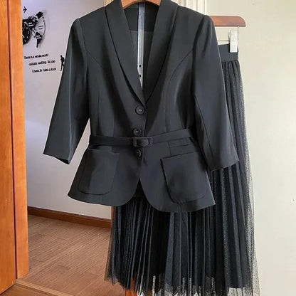 2024 Fall Winter Women Oversized Two-piece Set Long Coat Suit and Mesh Skirt Female Elegant Solid Blazer Dress Suits with Belt