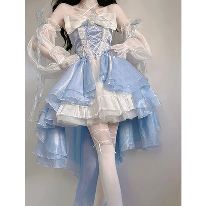 Elegant Girl Cosplay Princess Puff Sleeve Ribbon Bowknot Flower Tunic Mesh Fantastic Fairy Lolita Dress For Women