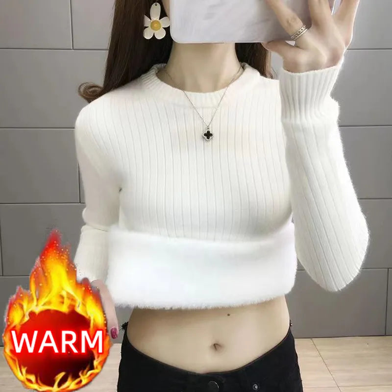 maoxiangshop Turtleneck Winter Sweater Women Elegant Thicken Velvet Lined Warm Sueter Fleece Knitted Pullover Slim Top Jersey Knitwear Jumper