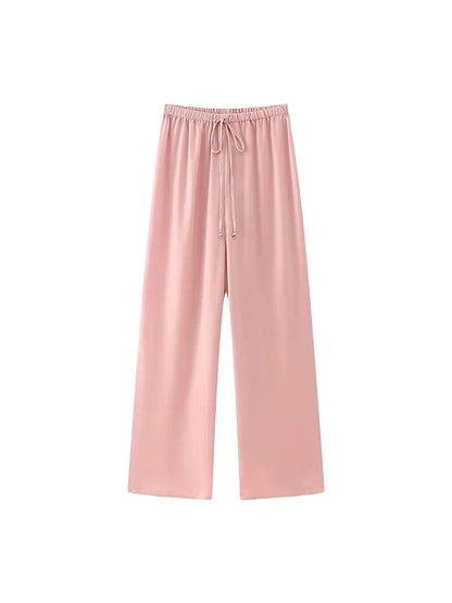maoxiangshop  -  Spring Summer Women's 2024 New Elegant Satin Feeling Loose Trousers Cute Lady Fashion Drawstring Waist Straight Pink Long Pants