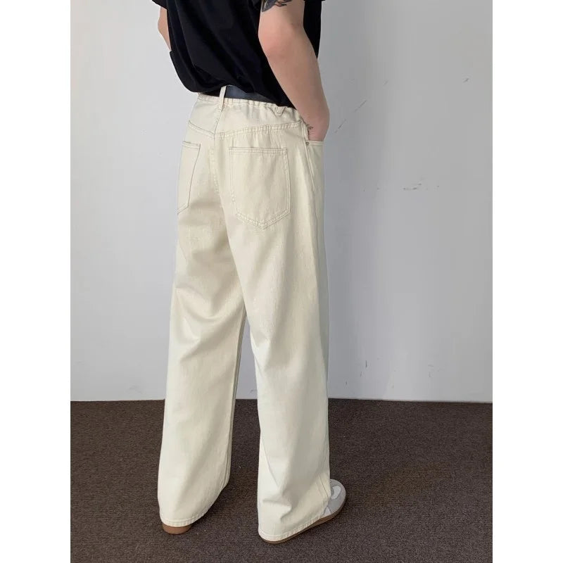maoxiangshop Baggy Beige Jeans Men Fashion Casual Oversized Wide Leg Jeans Men Streetwear Korean Loose Straight Denim Pants Mens Trousers