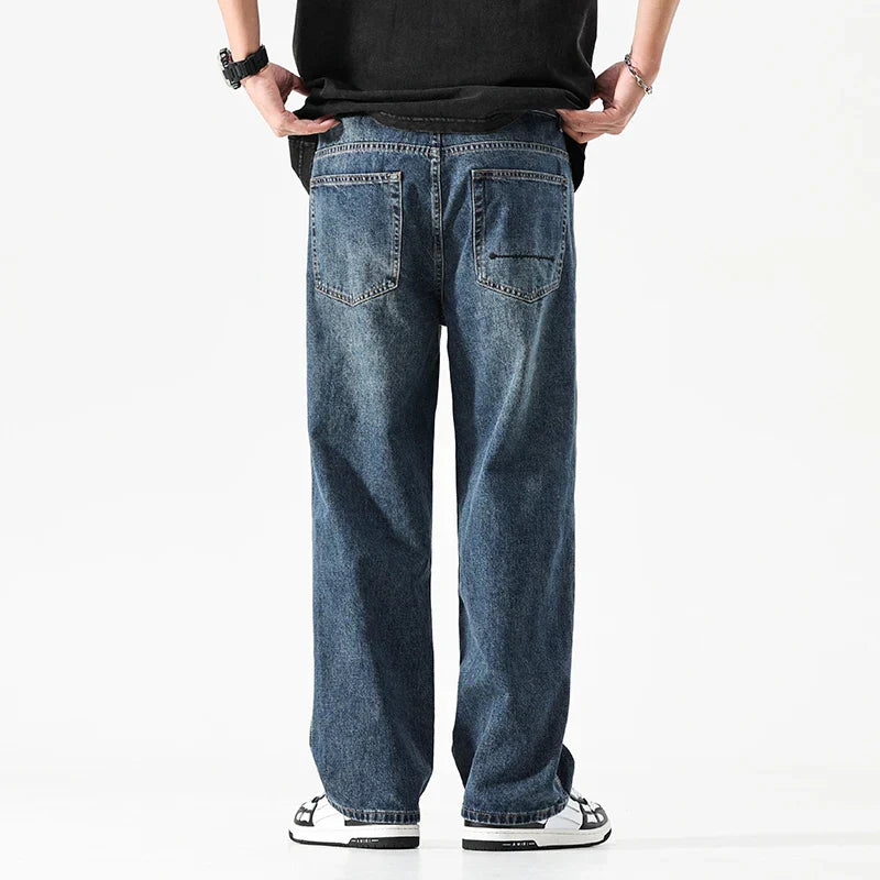 maoxiangshop Baggy Jeans Men Wide Leg Pants Dark Blue Denim Pants Straight Cut Oversize Pants Korean Style Trousers For Men Clothing