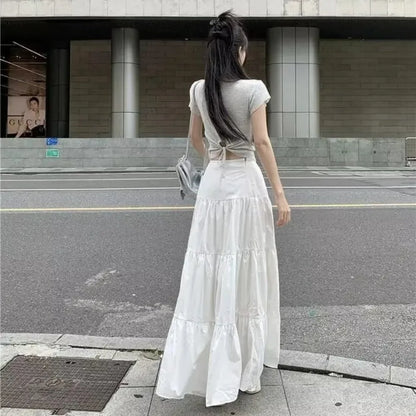 maoxiangshop Spring Summer Women Skirts Vintage High Waist Elastic Patchwork White White Chic Long Cake A-line Skirt for Student