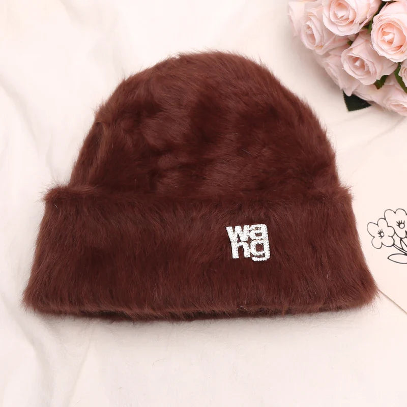 maoxiangshop New Fashion Rabbit Fur Y2k Beanies for Women Soft Warm Fluffy Angola Winter Hat Female Windproof Bonnet Hat Skullies Cap