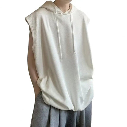 maoxiangshop Men Workout Hoodie Sleeveless Sweatshirt Hooded Tank Top Breathable Men's Top Loose Fit Hooded Mid-length Men Vest Hoodies