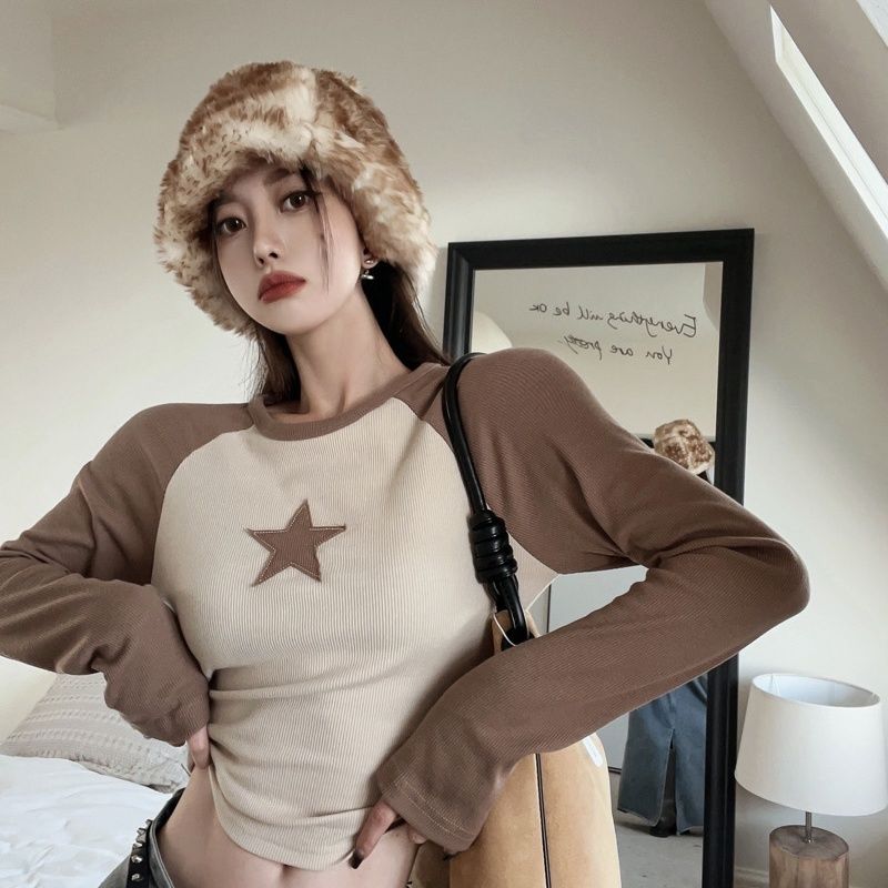 Kpop Vintage Star Brown Crop Tops Women Hippie Korean Fashion Patchwork Slim Top Harajuku Long Sleeve T-shirts Female