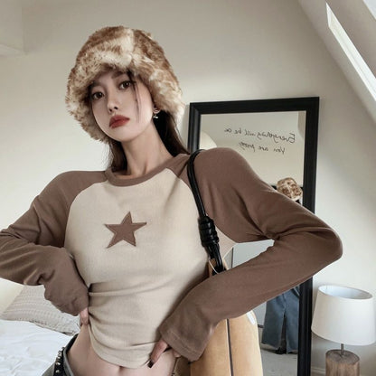 Kpop Vintage Star Brown Crop Tops Women Hippie Korean Fashion Patchwork Slim Top Harajuku Long Sleeve T-shirts Female