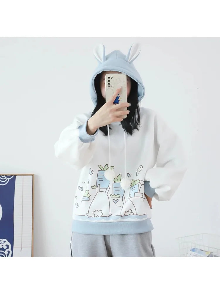 maoxiangshop Kawaii Women Hoodies Winter Long Sleeve Drawstring Fleece Hooded Sweatshirt Female Harajuku Rabbit Print Pullover Top