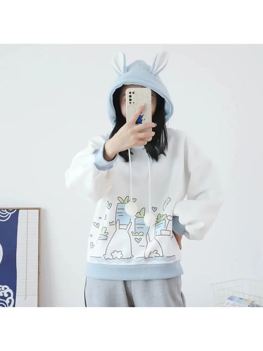 maoxiangshop Kawaii Women Hoodies Winter Long Sleeve Drawstring Fleece Hooded Sweatshirt Female Harajuku Rabbit Print Pullover Top
