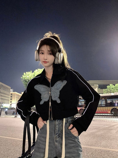 Harajuku Turn-down Collar Zip Up Jacket Women Crop Tops Y2k Vintage Butterfly Embroidery Denim Patchwork Jacket Coat Streetwear