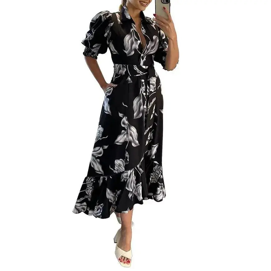 maoxiangshop Women Floral Print Long Dress Summer Casual  Turn-down Collar Half Sleeve Loose Big Swing Dress Female Vintage  Beach Maxi Dress