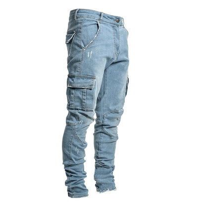 maoxiangshop Jeans Men Pants Casual Cotton Denim Trousers Multi Pocket Cargo Jeans Men New Fashion Denim Pencil Pants Side Pockets Cargo