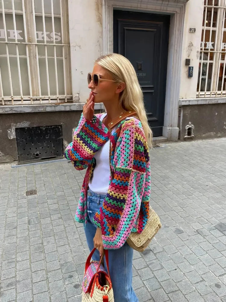 maoxiangshop -  Colorful Knit Hollow Out Cardigan For Women Open Front Loose Long Sleeve Sweater Tops Spring Autumn Chic High Streetwear