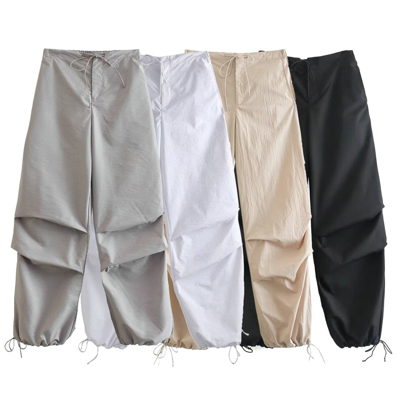 Women Fashion Parachute Pants Casual Cargo Pants Low Waist Drawstring Streetwear Baggy Trousers Y2k Pleat Jogging Sweatpants