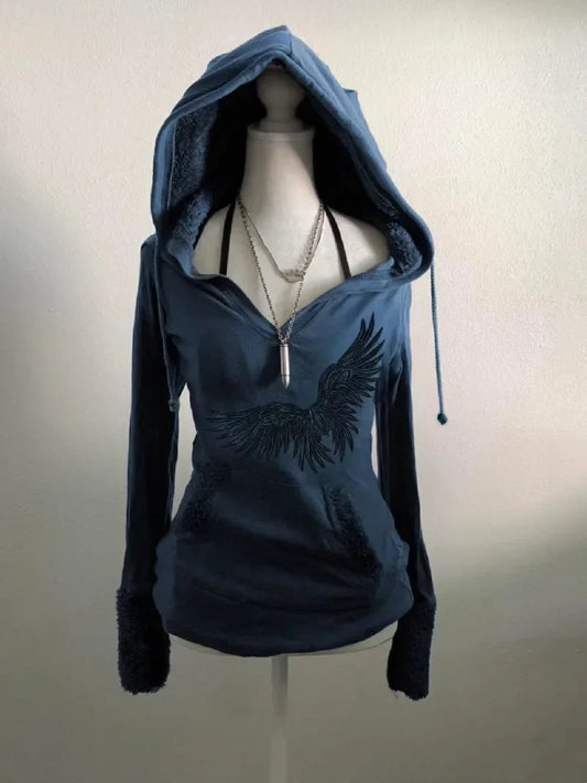 maoxiangshop  -  American Gothic Y2K Print Pattern Blue Lamb Wool Hoodies Women Autumn Retro Millennial Hot Girl Slim Harajuku Street Casual Top