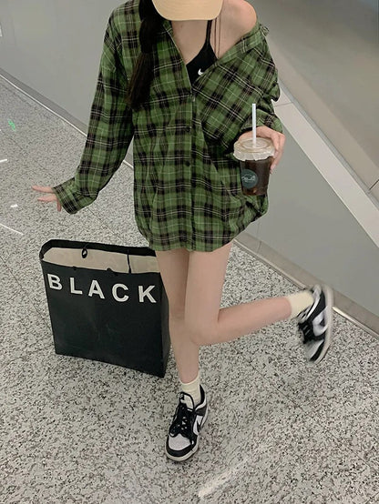 maoxiangshop Checkered Shirt Grunge Women's Oversized Green Long Sleeve Collared Button Up Plaid Shirt for Women