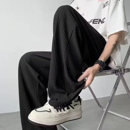 maoxiangshop Summer Texture Straight Pants For Men Korean Fashion Baggy Wide-leg Trousers Casual Drape Pleated Striped Y2K Pantalones Hombre