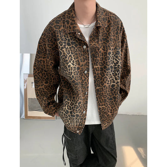 maoxiangshop Hip Hop Men's Vintage Leopard Print Denim Jackets  Autumn Fashion Lapel Collar Zipper Jacket Coat Holiday Jackets Streetwear