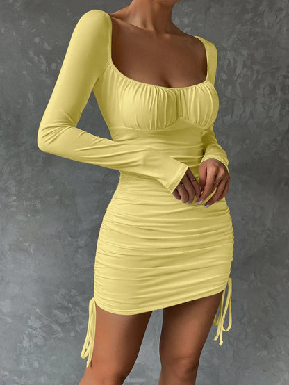 maoxiangshop Sexy Square Neck Backless Tight Mini Dress Women's Long Sleeve Drawstring Pleated Party Wrapping Dress New Style