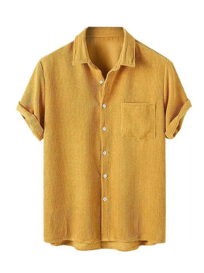 maoxiangshop Men's Shirt Corduroy Short Sleeve Blouses Casual Solid Streetwear Shirts Summer Ribbed Plain Button Y2K Tops