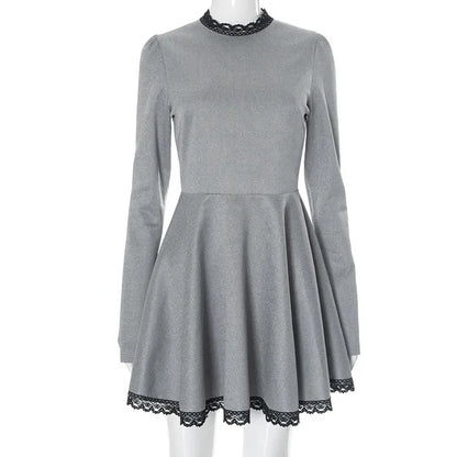 maoxiangshop  -  Lace Splice Elegant Mini Dress Female Autumn Winter New Contrast Color Office Woman Dress Long Sleeve High Waist Clothes