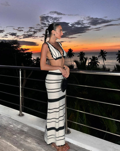 Fashion Summer Dresses Contrast Striped Dress Set Sexy Black And White Tank Top And Skirt Bohemian Beachwear