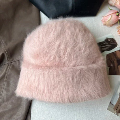 maoxiangshop New Fashion Rabbit Fur Y2k Beanies for Women Soft Warm Fluffy Angola Winter Hat Female Windproof Bonnet Hat Skullies Cap