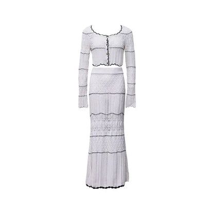 maoxiangshop  -  Sweet Hot Girl Suit Women's Autumn Slim O-Neck Knitted Cardigan High Waist Long Skirt Two-piece Set Fashion Female Clothes