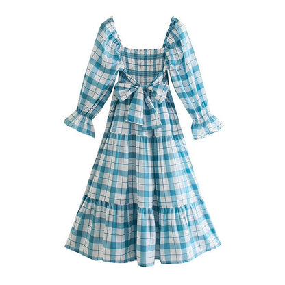 Jastie Vintage Plaid Cotton Summer Dress for Women Bow Tied Back Smocked Bust Midi Dress New Boho Beach Dress Female Vestidos