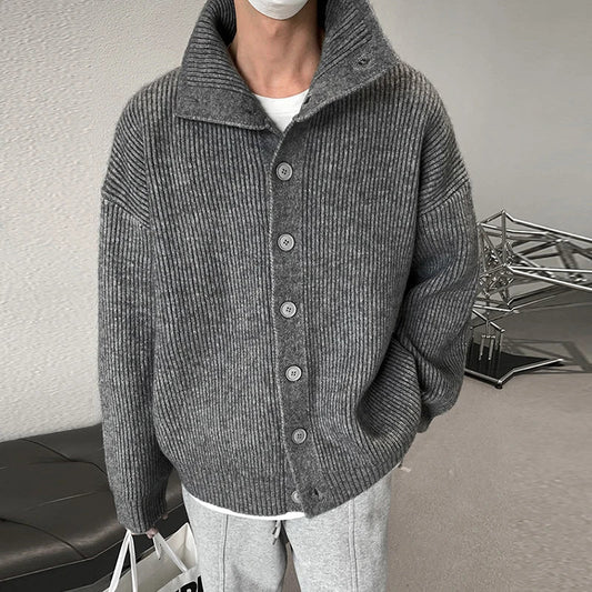maoxiangshop Winter Clothing Men's Luxury Knitted Jacquard Turtleneck Cardigan Sweatercoat Long Sleeve Casual Buttons Solid Color Coat