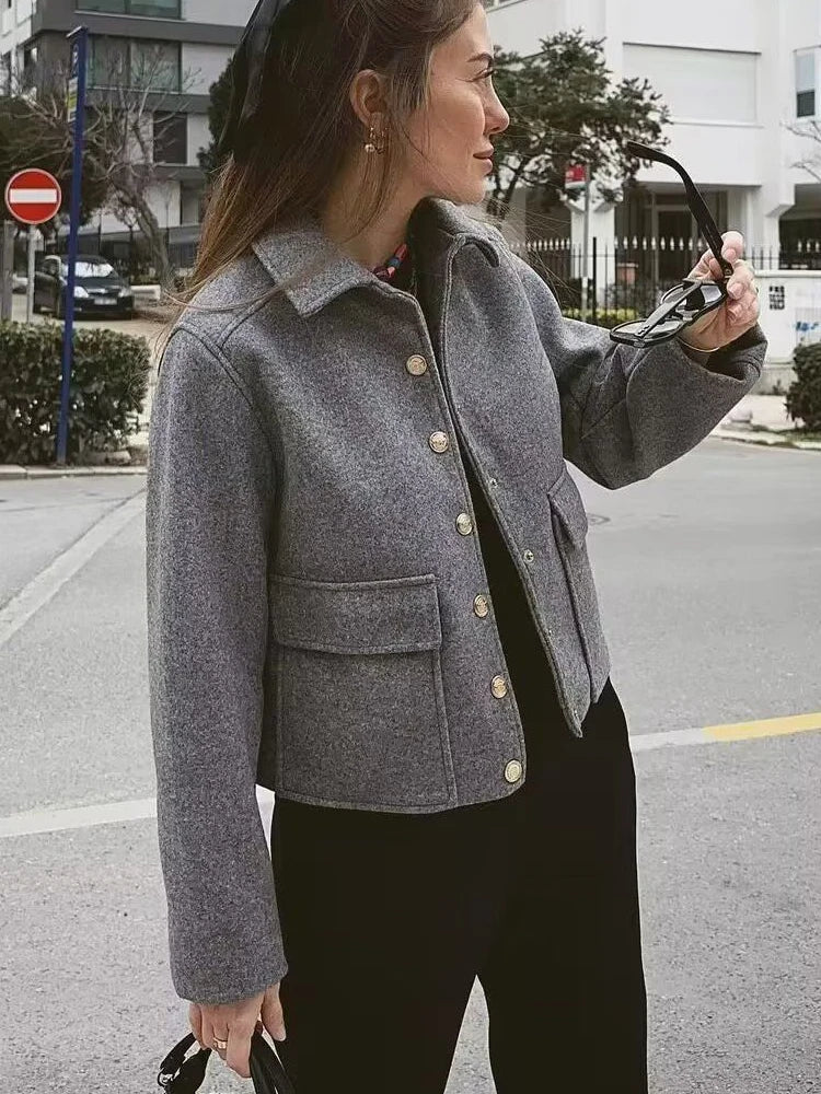 maoxiangshop Autumn Jacket Women Vintage Fashion Metal Button Cropped Coat Female Elegant Casual Long Sleeve Lapel Single Breasted Outerwear