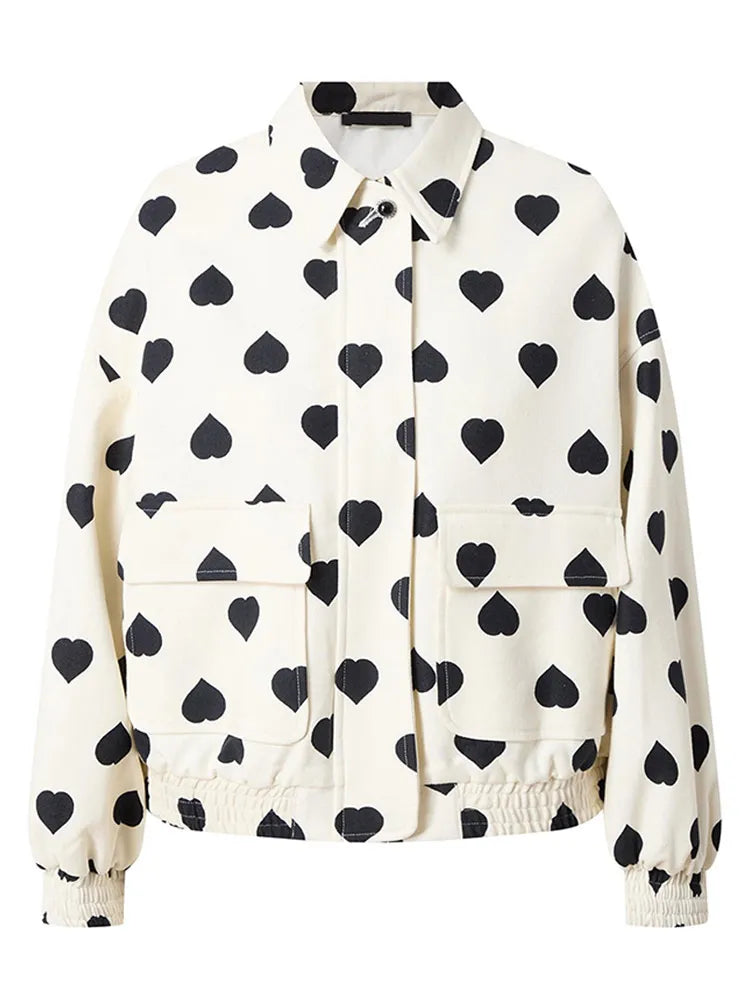 maoxiangshop  -  Women New Fashion Contrasting Love Printed Zipper Jacket Elegant Lapel Long Sleeves Pocket Loose Coat Autumn Chic Lady Outerwear