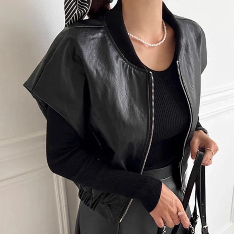 maoxiangshop  -  Retro High-End Leather Vest Women'S Autumn And Winter Round Neck Zipper Style Loose And Versatile Short Sleeved Jacket