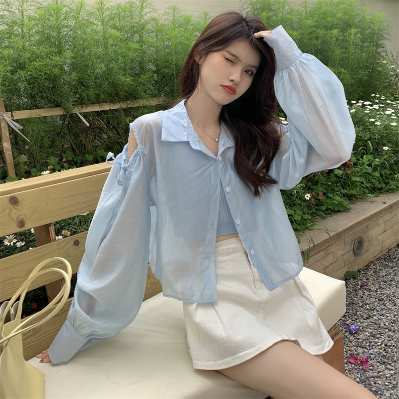 maoxiangshop Shirts Women Hole Temperament Sun-proof Ins Vacation Thin Korean Style Sheer Off-shoulder BF Топ Женский Summer Students Beach