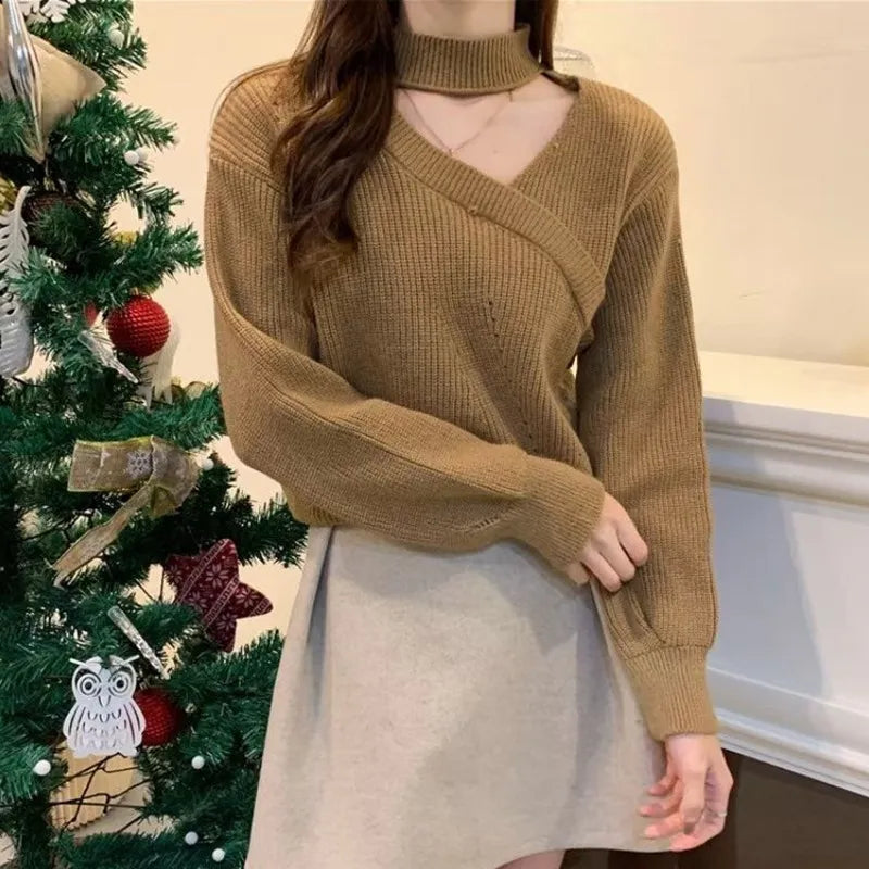 maoxiangshop Women Christmas Sweater Autumn Winter Long Sleeved Sweater Warm V-neck Off Shoulder