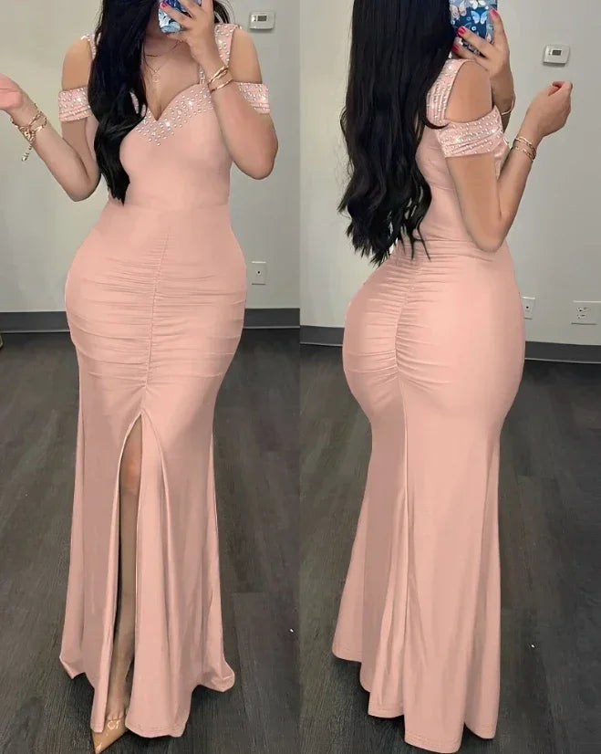 maoxiangshop Bodycon Dress Women Evening Fashion Clothes Rhinestone Cold Shoulder Slit Ruched Party Elegant Long Dresses for Female 2024