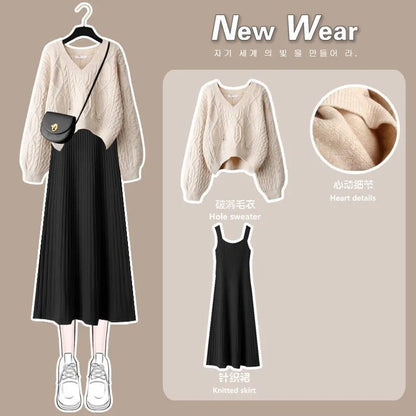 Women's 2023 Autumn Winter New Fashion V-Neck Sweater Knitted Dress Two Piece Korean Elegant Top Skirt Matching Set Female Suit