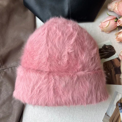 maoxiangshop New Fashion Rabbit Fur Y2k Beanies for Women Soft Warm Fluffy Angola Winter Hat Female Windproof Bonnet Hat Skullies Cap