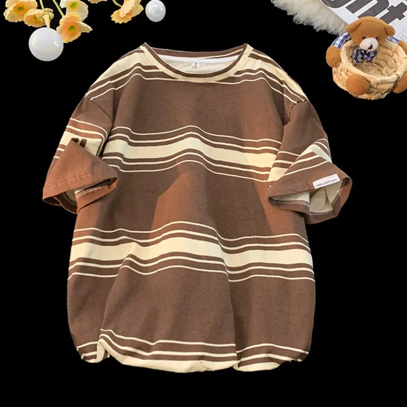 maoxiangshop M-3XL Vintage T-shirts Men Striped Y2k Tops Baggy Round Neck Korean Fashion Couple Clothes Teens Chic Handsome Camisetas Summer