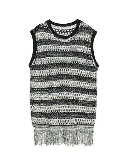 maoxiangshop Striped Mesh Vest for Men Vintage Knit Tank Tops Sleeveless Tee Male Casual Summer Beach Japanese Streetwear Hip Hop
