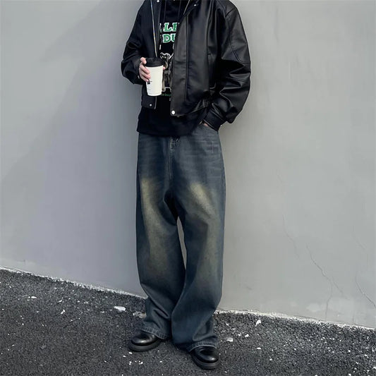 maoxiangshop Vintage Men's Jeans Spring New Distressed Denim Straight Loose Pants High Street Male Casual Simple Daily Wide Leg Trousers