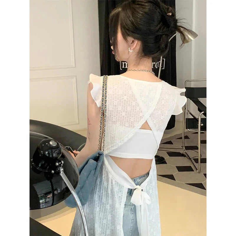 Flying Sleeve Dress Women Solid Bandage Hollow Out A Line Midi Dresses Elegant Korean Chic Criss Cross Backless Vestidos