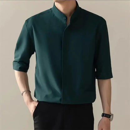 maoxiangshop Slim Fit Stand Collar Shirt Men Solid Color Shirt Stylish Stand Collar Men's Shirt for Business Commute Office Slim Fit Half