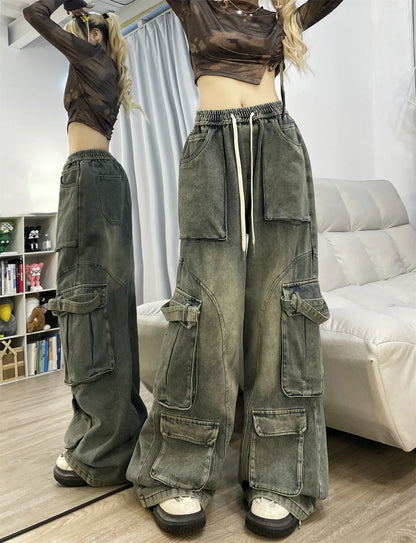 maoxiangshop Autumn Winter New Ladies Cargo Jeans American Street Style Baggy Cargo Pants Women Blue Multi-pocket Wide Leg Jeans for Women