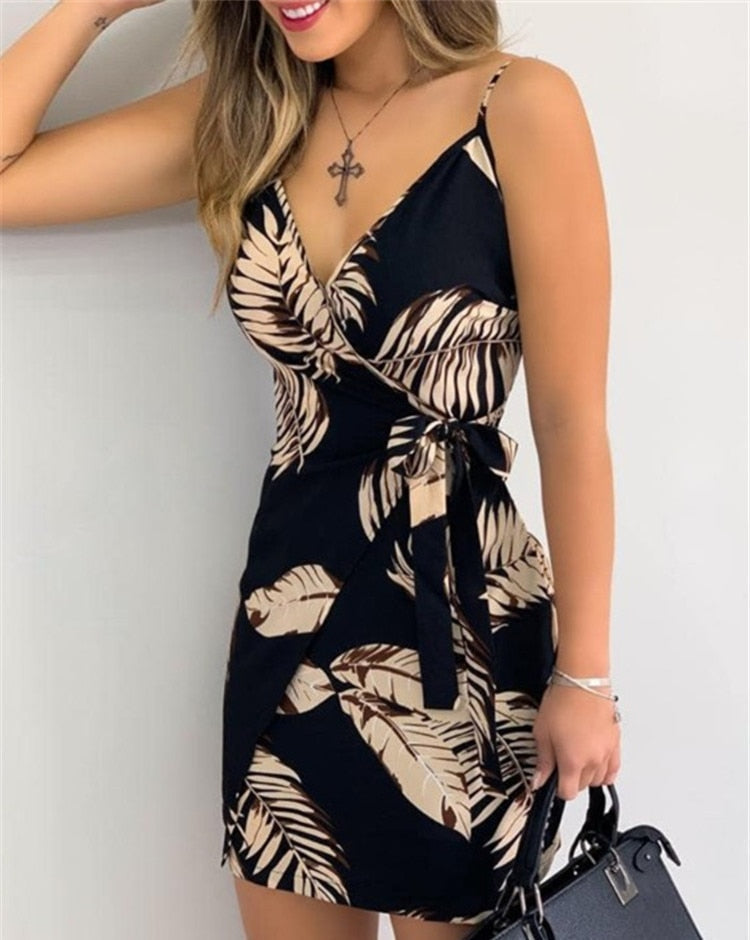 Summer New V-Neck Print Lace Up Wrap Sexy Dress for Women