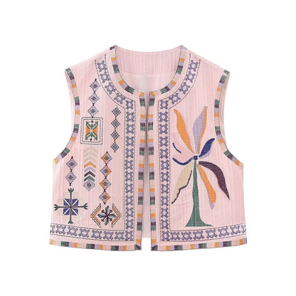 maoxiangshopWomen Fashion Y2k Vintage Floral Embroidery Vest Top V Neck Loose Casual Summer Woman Short Cardigan Waistcoat Chic Tops