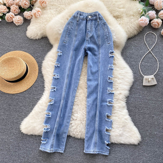 maoxiangshop Women Jeans Summer Blue Denim Trouser High Waist Ripped Holes Straight Leg Full Length Pants Casual Street Clothes